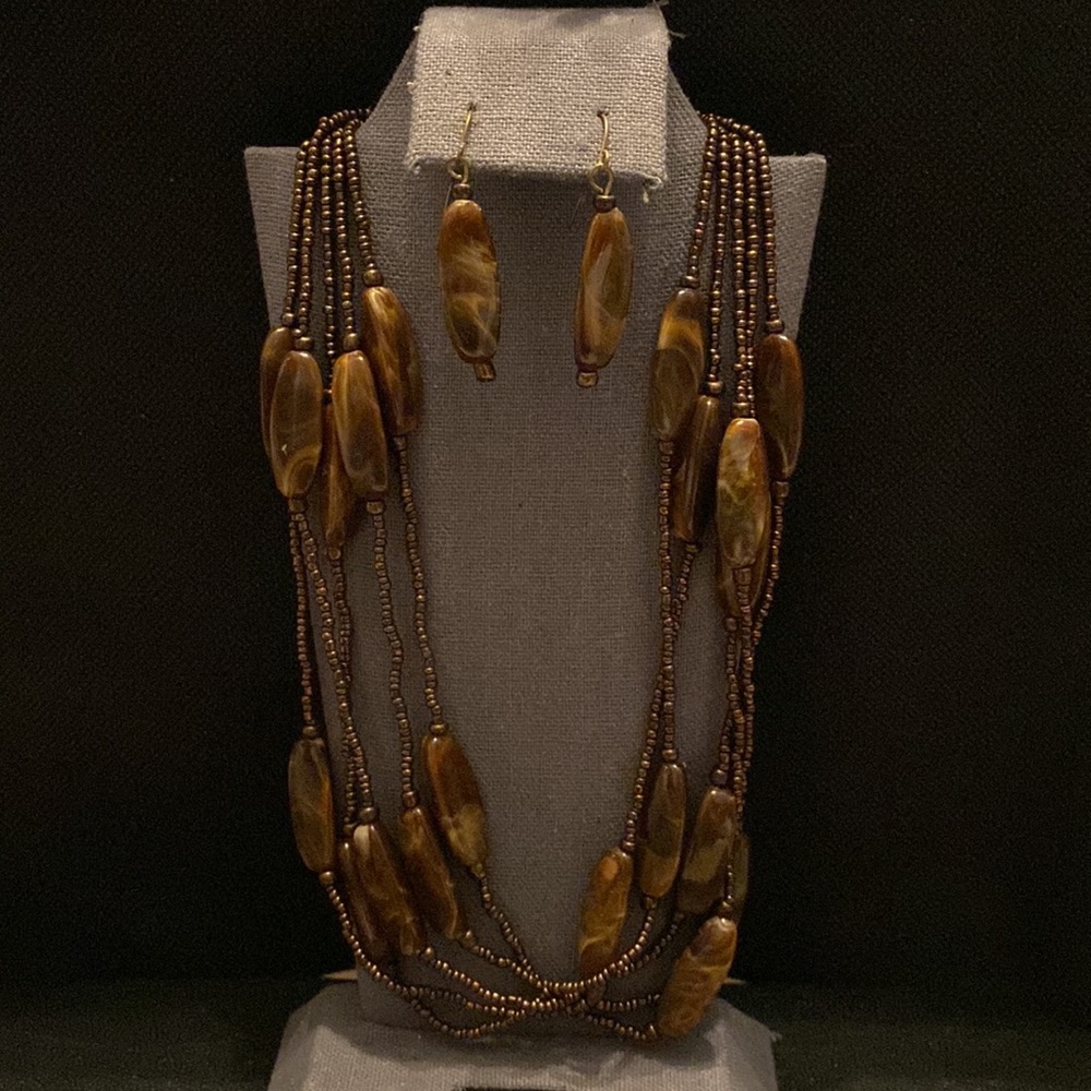 Vintage 5 string copper & stone acrylic necklace with earrings